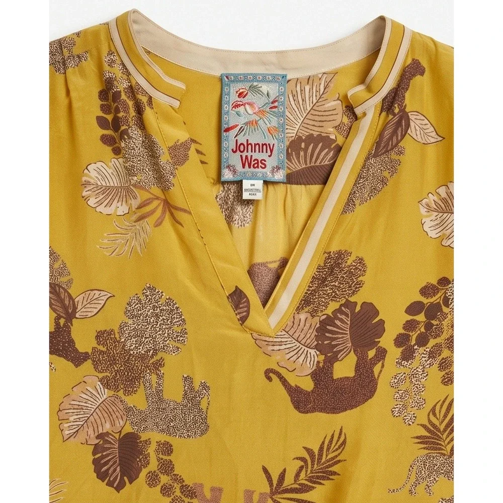 Johnny Was XS Yellow Taly Astrid Jungle Silk Safari Animal Print Tunic Blouse